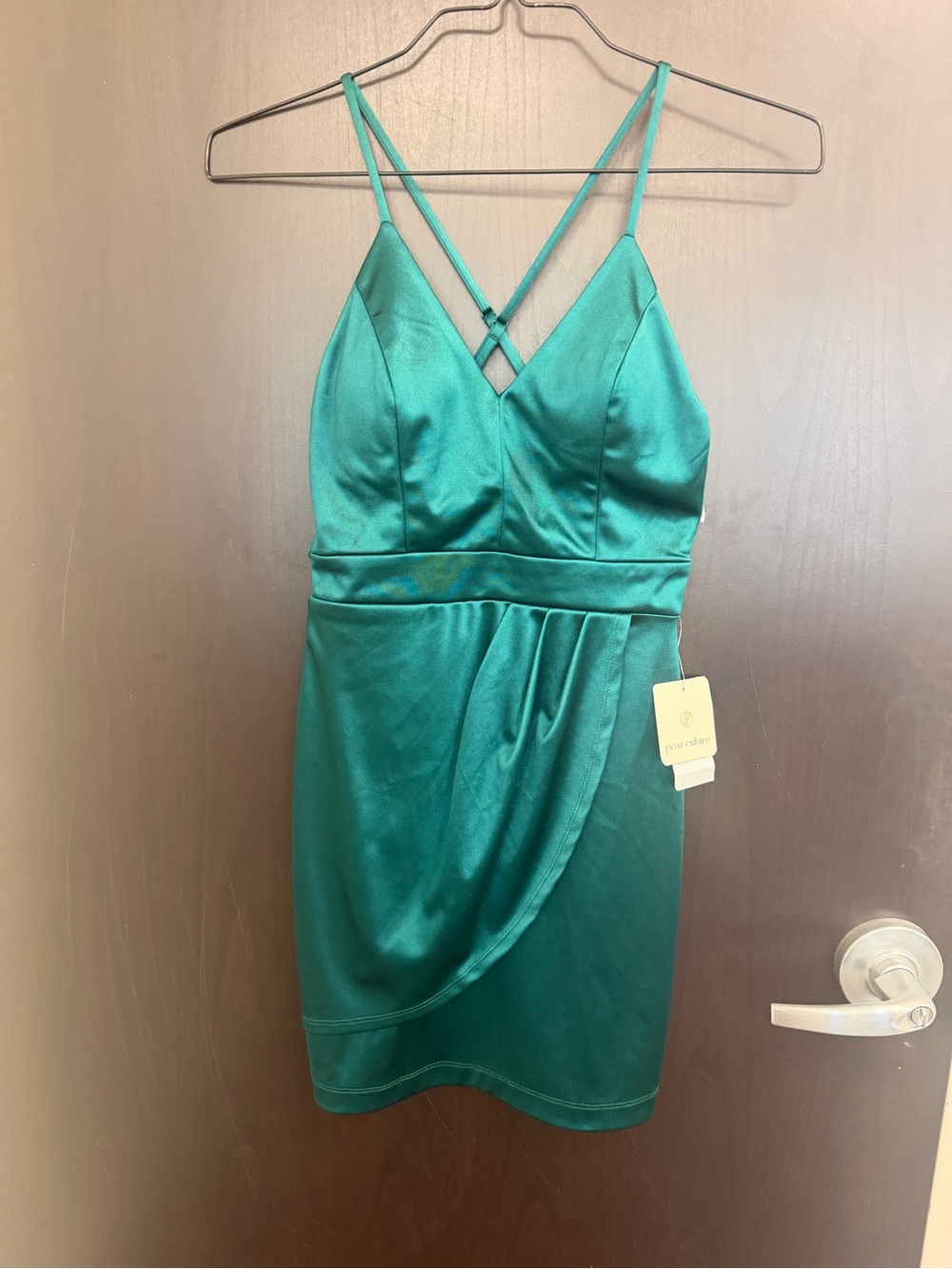 Pear Culture Satin Emerald Strappy V-Neck Midi Dress Juniors 5/6 Homecoming